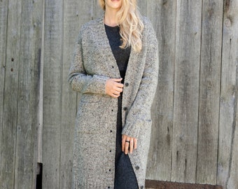 Long tweed cardigan, Thick wool cardigan, Button down winter cardigan, Handmade wool coat with pockets, Natural grey longline cardigan