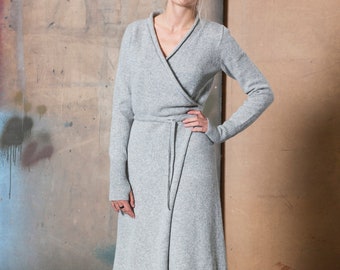 Wool wrap dress, Knit wool wrap dress with belt, Natural wool V neck tunic dress, Organic wool dress, Long wool cardigan women