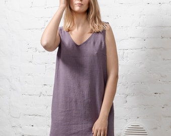 NEW Linen dress, Pure linen midi dress, Linen V neck dress with pockets, Sleeveless linen tunic dress in lavender, Basic linen summer dress