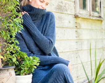Knit long WOOL DRESS, Roll neck jumper dress, Blue wool longline tunic, Natural knit jumper, Turtleneck jumper, Organic winter pullover