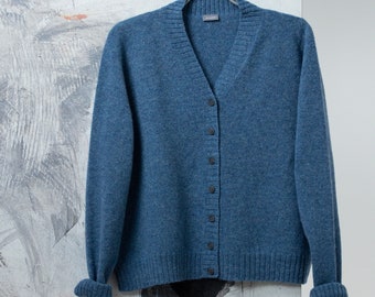 Wide wool cardigan, V neck cardigan, Boxy fit wool cardigan, Winter wool cardigan, Blue button down winter sweater, Organic wool cardigan