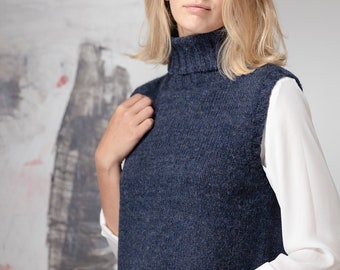 Thick wool VEST, Knitted wool slipover, Short dark blue turtleneck vest, High neck vest, Dark grey wool slipover, Thick vest for winter