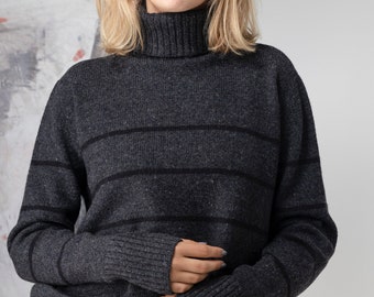 Wide WOOL turtleneck SWEATER, High turtleneck pullover with stripes, Striped grey wool jumper, Thick and warm jumper, Mulesing free wool
