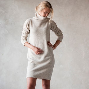 Knit wool TUNIC JUMPER, Roll neck jumper dress, White wool longline tunic, Natural knit jumper, Turtleneck jumper, Organic winter pullover