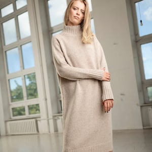 NEW thick wool dress, Knit wool jumper dress, White wool midi tunic, Natural knit sweater dress, Turtleneck jumper, Organic winter pullover