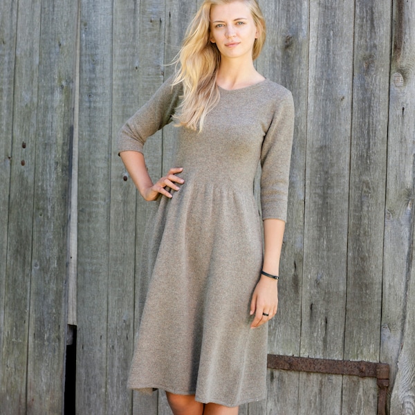 Knit wool DRESS, Feminine sweater dress, Light brown gathered waist dress, Natural knit tunic dress, Organic winter sweater dress