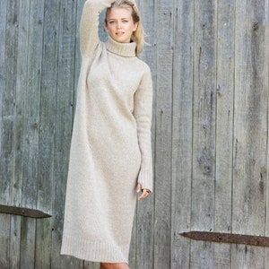 ABITO lungo in maglia di LANA, Abito maglione a collo alto, Tunica lunga in lana bianca naturale, Abito maglione in maglia, Abito a collo alto, Pullover invernale biologico