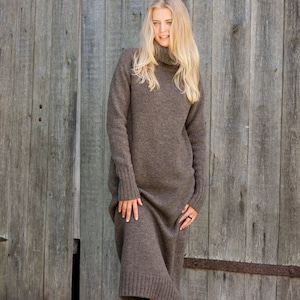 Knit long WOOL DRESS, Roll neck jumper dress, Brown wool longline tunic, Natural knit jumper, Turtleneck jumper, Organic winter pullover