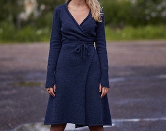 Wool wrap dress, Knit wool wrap dress with belt, Natural blue wool V neck tunic dress, Organic wool dress, Long wool cardigan women