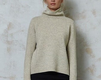 women's WOOL JUMPER, Roll neck sweater, Knitted wool jumper, Natural ivory sweater, Turtleneck jumper, Organic winter pullover, Wool sweater