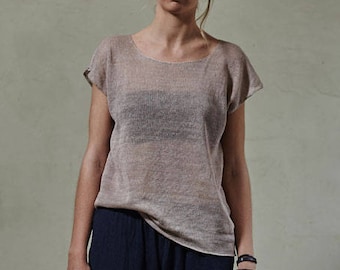 Linen top, Knit linen t-shirt, Beige linen tee, Knitted oversized top, Handmade flax shirt, Linen knit shirt, Flax knit top,Women's knitwear