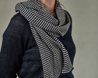 Striped linen SCARF, Handmade pure linen scarf, Unisex shawl, Knitted linen summer scarf, Organic linen accessories, Knit summer linen scarf