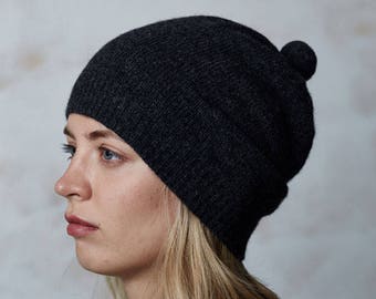 Slouchy WOOL BEANIE in grey, Wool winter hat, Organic winter hat, Knit black winter hat, Unisex slouch beanie, Unisex hat, Winter apparel