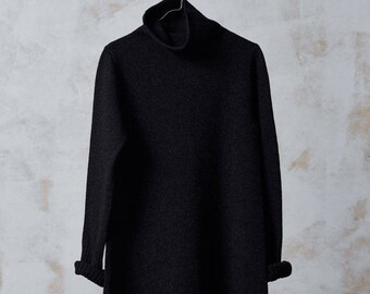 PappusStore Knit Wool Tunic Jumper, Roll Neck Jumper Dress, Black Wool Longline Tunic, Natural Knit Jumper, Turtleneck Jumper, Organic Winter Pullover