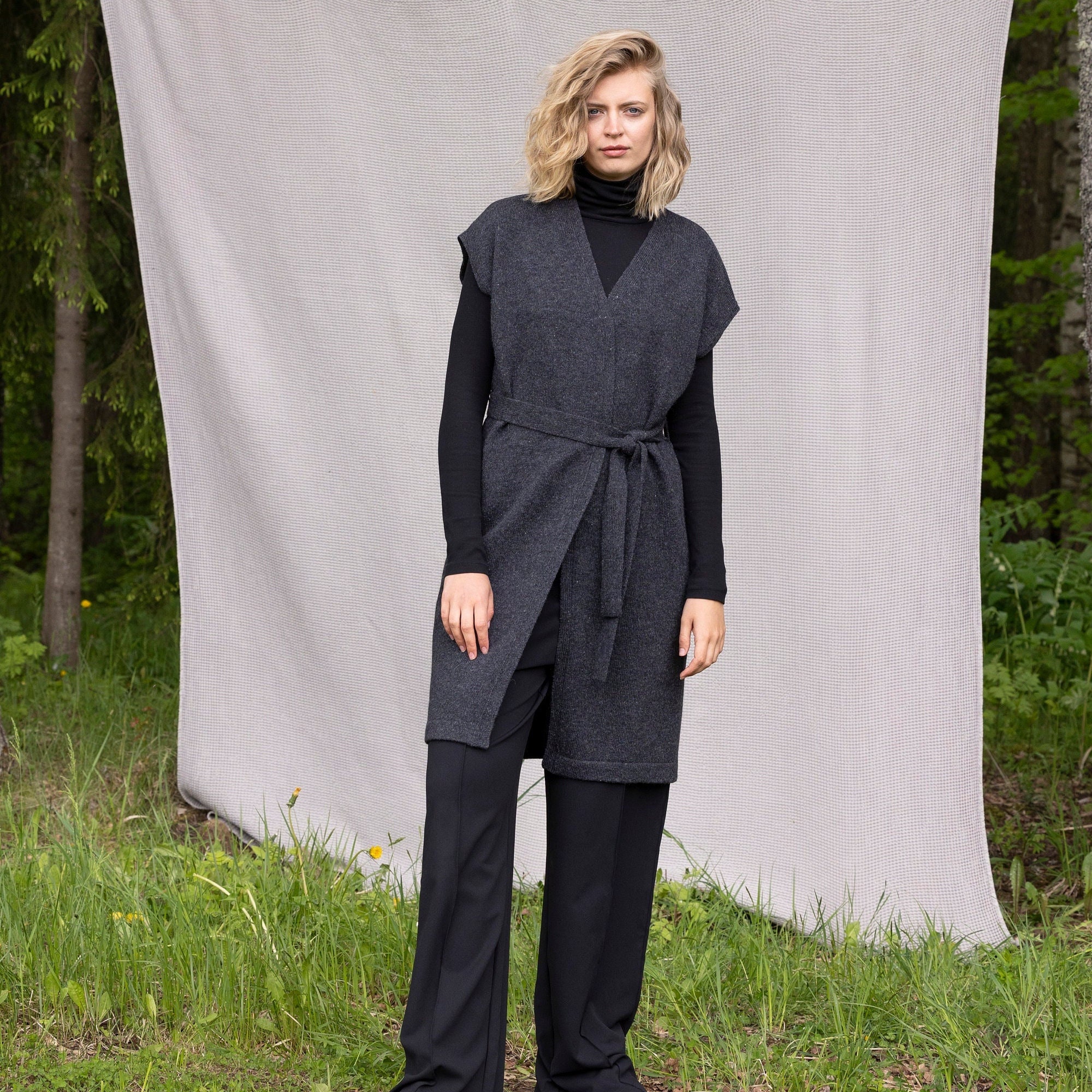 Knit Wool VEST, Longline Wool Waistcoat, Knitted Knee Length Vest Cardigan, Wool Wrap Vest in Dark Grey, Knit Wrap Over Waistcoat With Belt - Etsy Knit Wool VEST, Longline Wool Waistcoat, Knitted Knee Length Vest Cardigan, Wool Wrap Vest in Dark Grey, Knit Wrap Over Waistcoat With Belt - Etsy