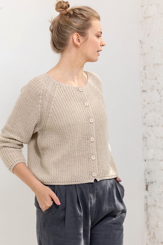 Wool and Cotton Blend Cardigan Knit Wool cotton Summer Cardigan Knitted Cotton Cardigan in Light Beige Button up Summer Cardigan Etsy Canada