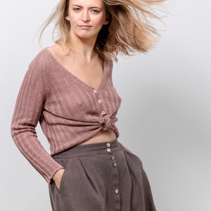 NEW Linen button down skirts, Pure linen midi skirts, Softened linen skirts with pockets, Linen button skirts, A line skirts in brown image 3