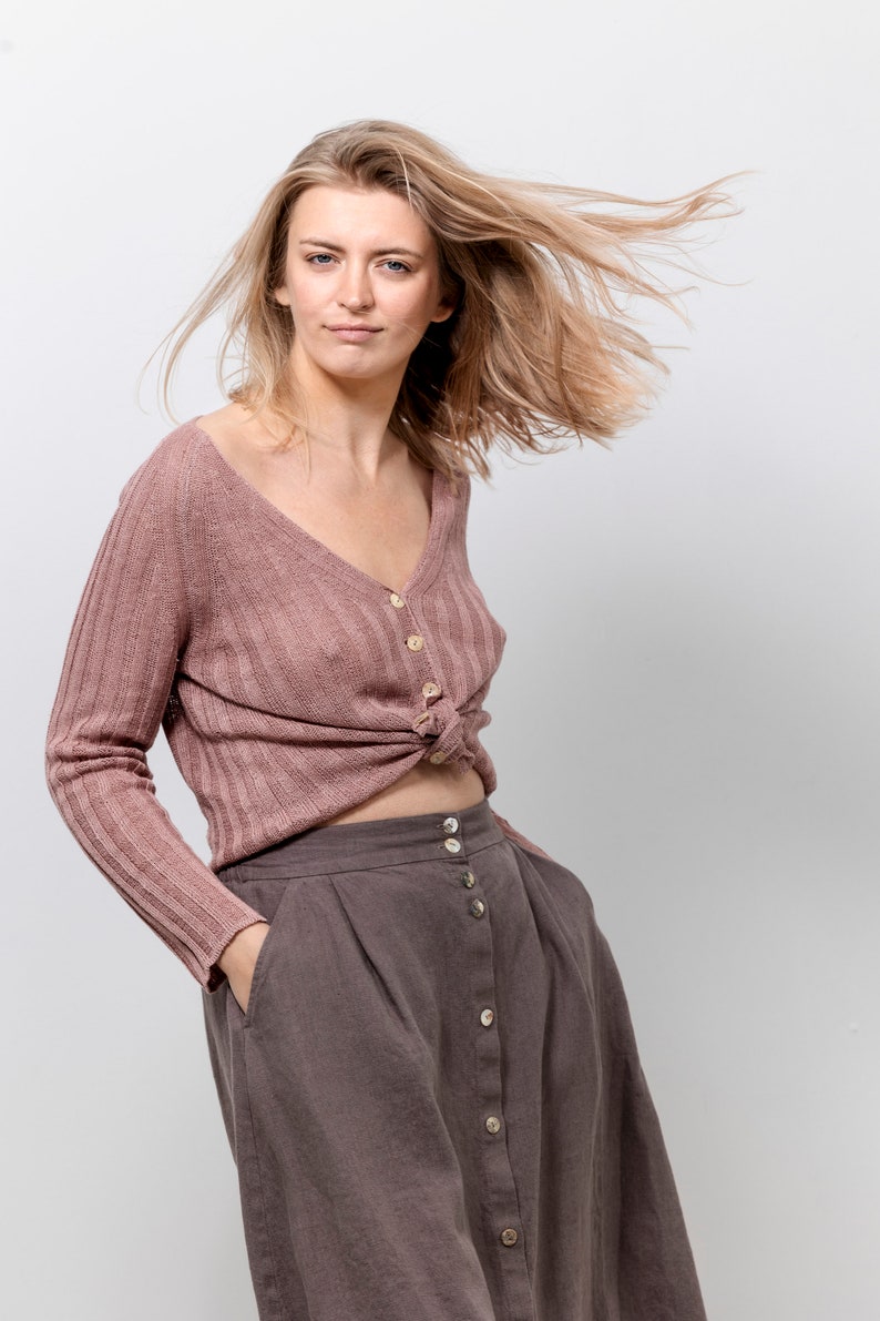 NEW Linen button down skirts, Pure linen midi skirts, Softened linen skirts with pockets, Linen button skirts, A line skirts in brown image 3