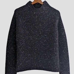 Thick WOOL tweed SWEATER, Stand up collar jumper, Relaxed fit wool pullover, Knitted wool jumper with thumbholes, Warm black jumper