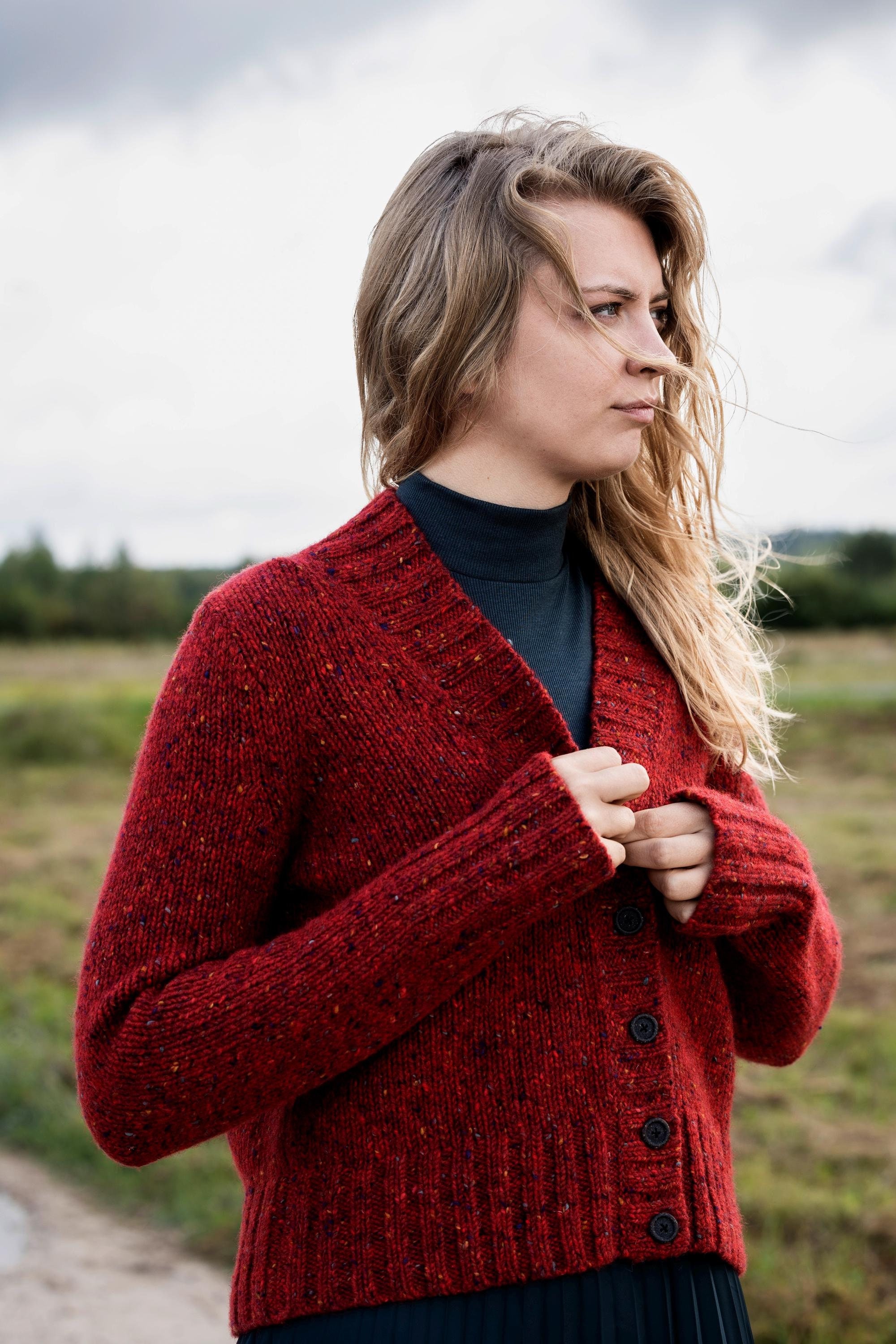 Hand Knit Tweed Wool Cardigan, Thick Knit Cardigan, Short
