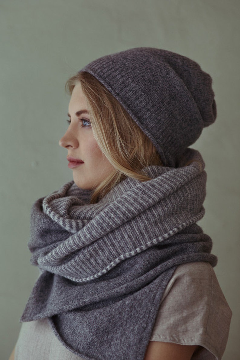 Knitted WOOL SCARF, wide organic wool shawl, unisex wool scarf, winter scarf from wool, knitted wool neck warmer, grey wool scarf image 3