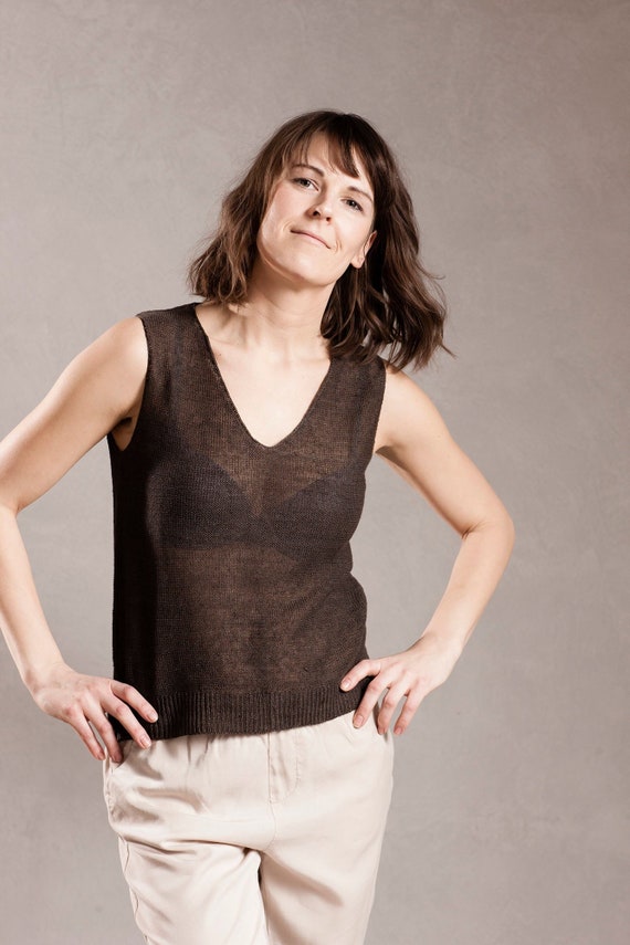 LINEN Tank TOP Knitted Sleeveless Shirt 
