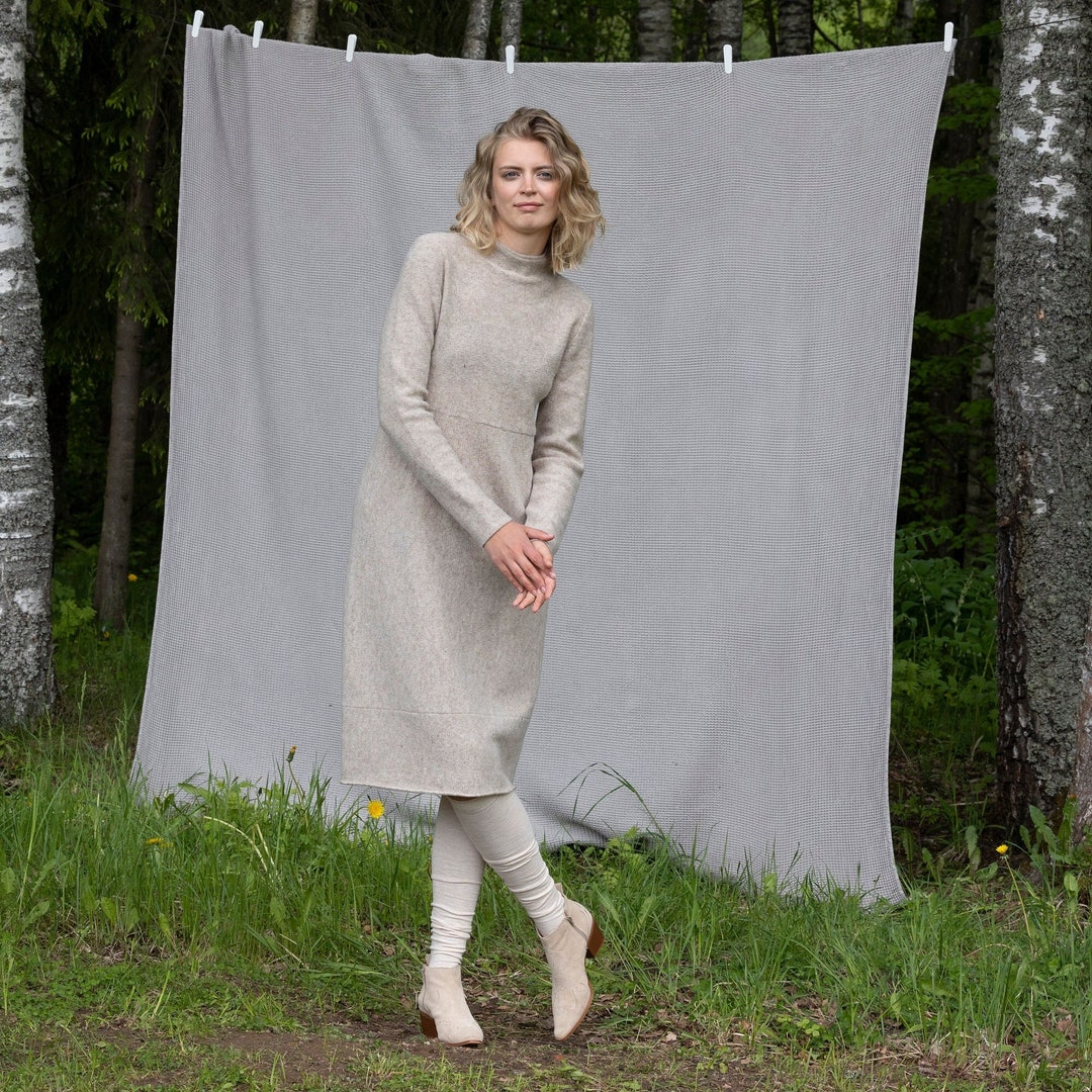 Knit Wool DRESS, Feminine Sweater Dress, Light Beige Gathered Waist