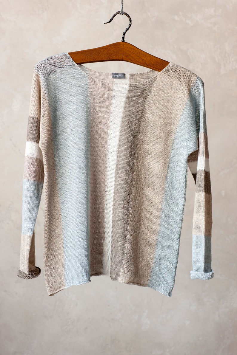 Knitted LINEN sweater, Kimono sleeve linen jumper, Striped crew neck summer top, Long sleeve linen shirt, Organic women's clothing image 5