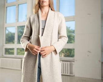 NEW felted wool COAT, Long wool cardigan, Shawl collar V neck cardigan, Knitted relaxed fit coat, Long line cardigan with pockets in white