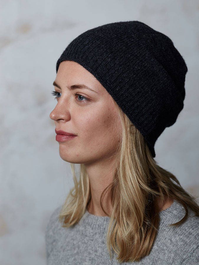 Slouchy BEANIE in Black Wool Winter Hat 