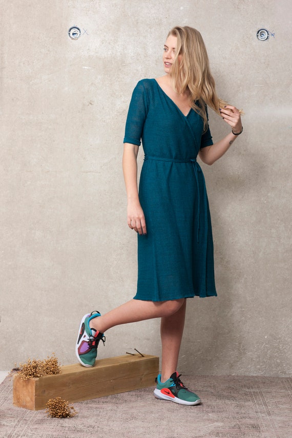 Linen Wrap Dress, Knit Linen Midi Dress, Knitted Linen Dress, Knit Linen  Summer Dress, Half Sleeve Linen Dress, Womens Linen Dress With Belt - Etsy