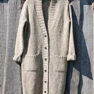 Long tweed cardigan, Thick wool cardigan, Button down winter cardigan, Handmade wool coat with pockets, Natural grey longline cardigan image 6