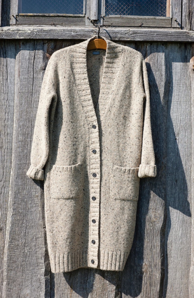 Long tweed cardigan, Thick wool cardigan, Button down winter cardigan, Handmade wool coat with pockets, Natural grey longline cardigan image 6