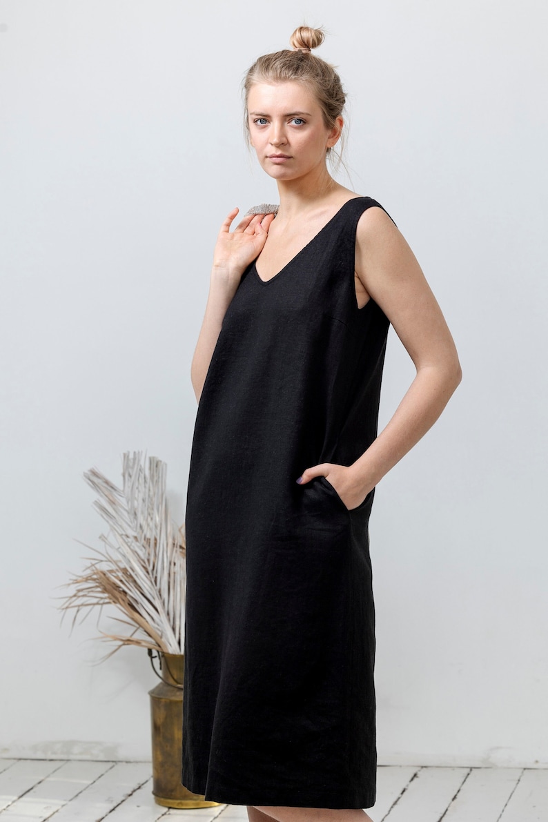 NEW Linen dress, Pure linen midi dress, Linen V neck dress with pockets, Sleeveless linen tunic dress in black, Basic linen summer dress image 1