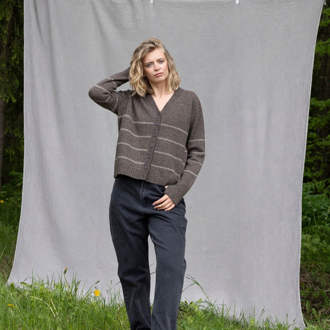 Wide V Neck Cardigan, Oversized Fit Wool Sweater, Striped Brown