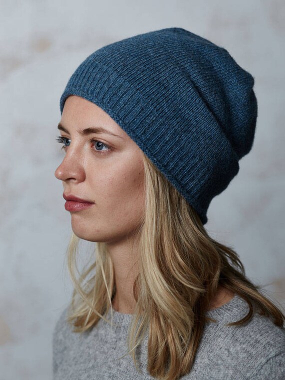 Slouchy Beanie in Blue Wool Winter Hat 