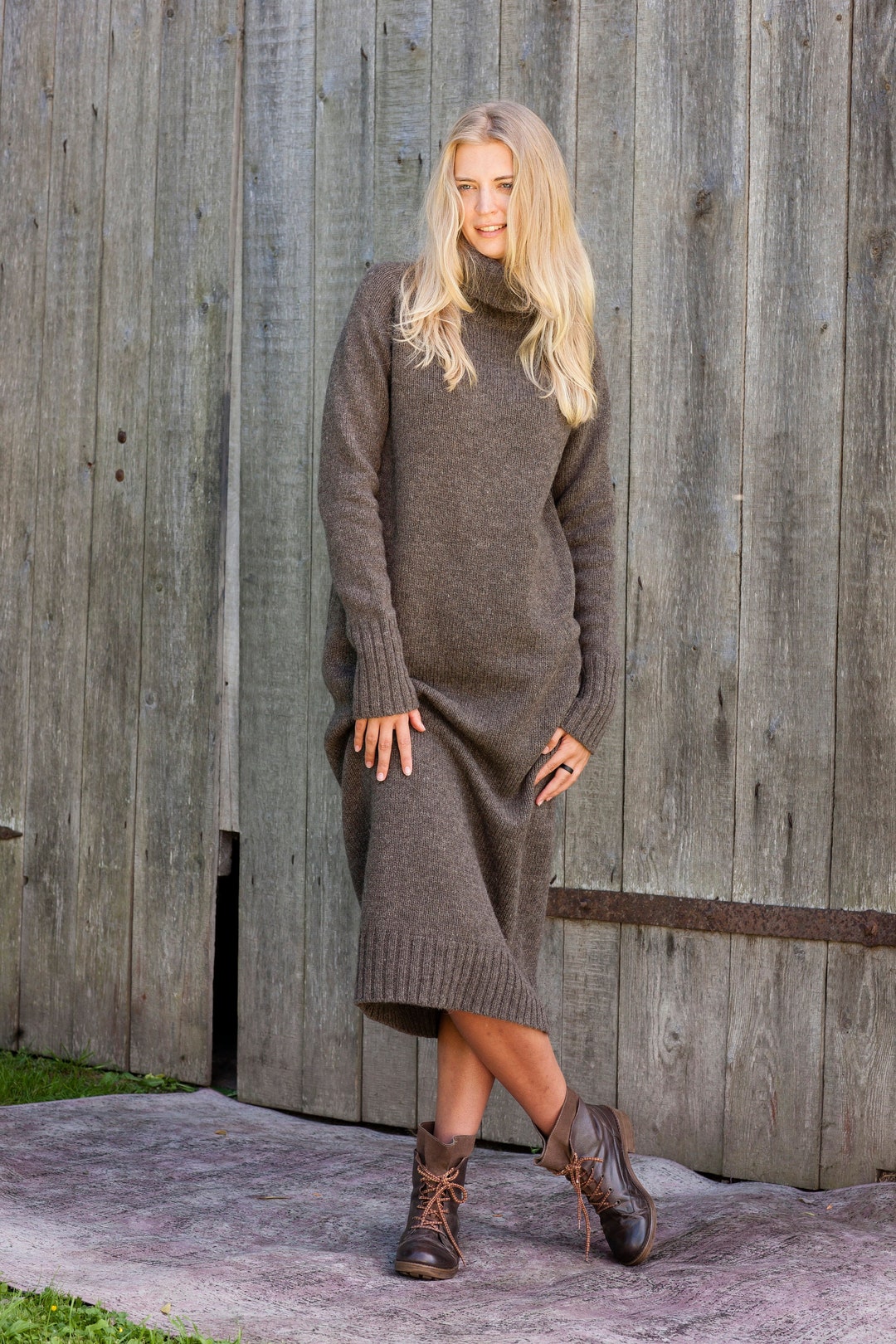 Knit Long WOOL DRESS, Roll Neck Jumper Dress, Brown Wool Longline Tunic ...