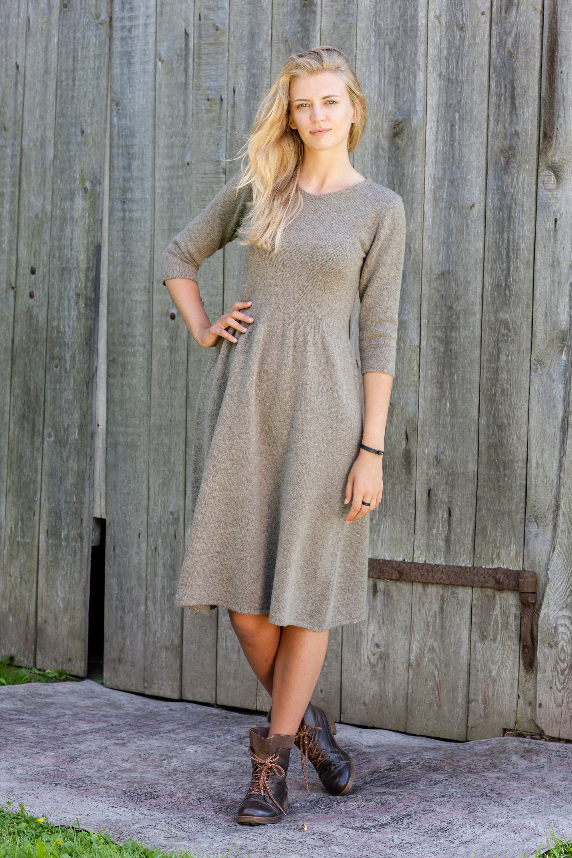PappusStore Knit Wool Dress, Feminine Sweater Dress, Light Brown Gathered Waist Dress, Natural Knit Tunic Dress, Organic Winter Sweater Dress