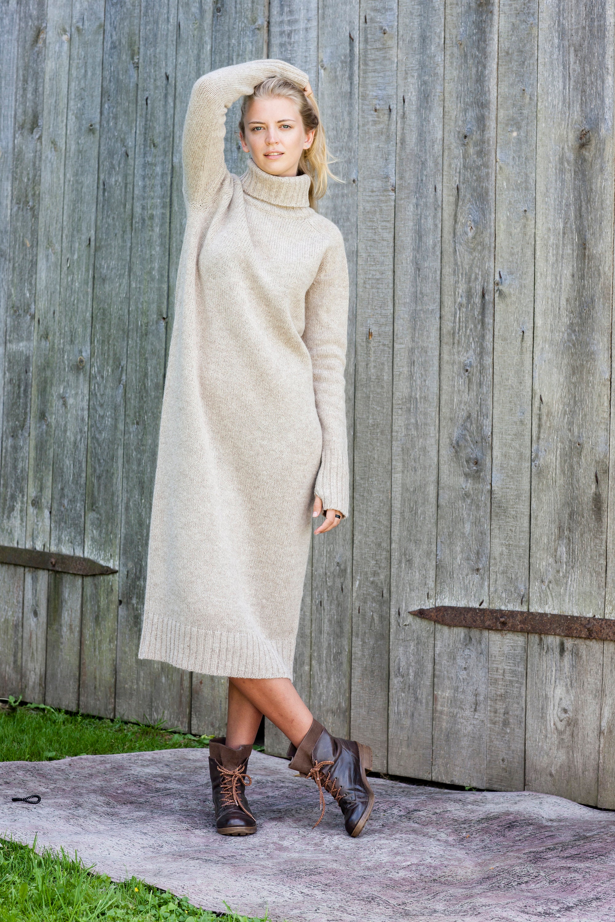 Knit Long WOOL DRESS, Roll Neck Jumper Dress, Dark Grey Wool 