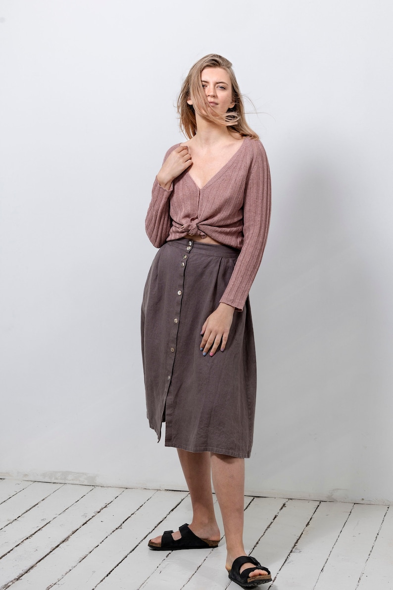 NEW Linen button down skirts, Pure linen midi skirts, Softened linen skirts with pockets, Linen button skirts, A line skirts in brown greyish brown