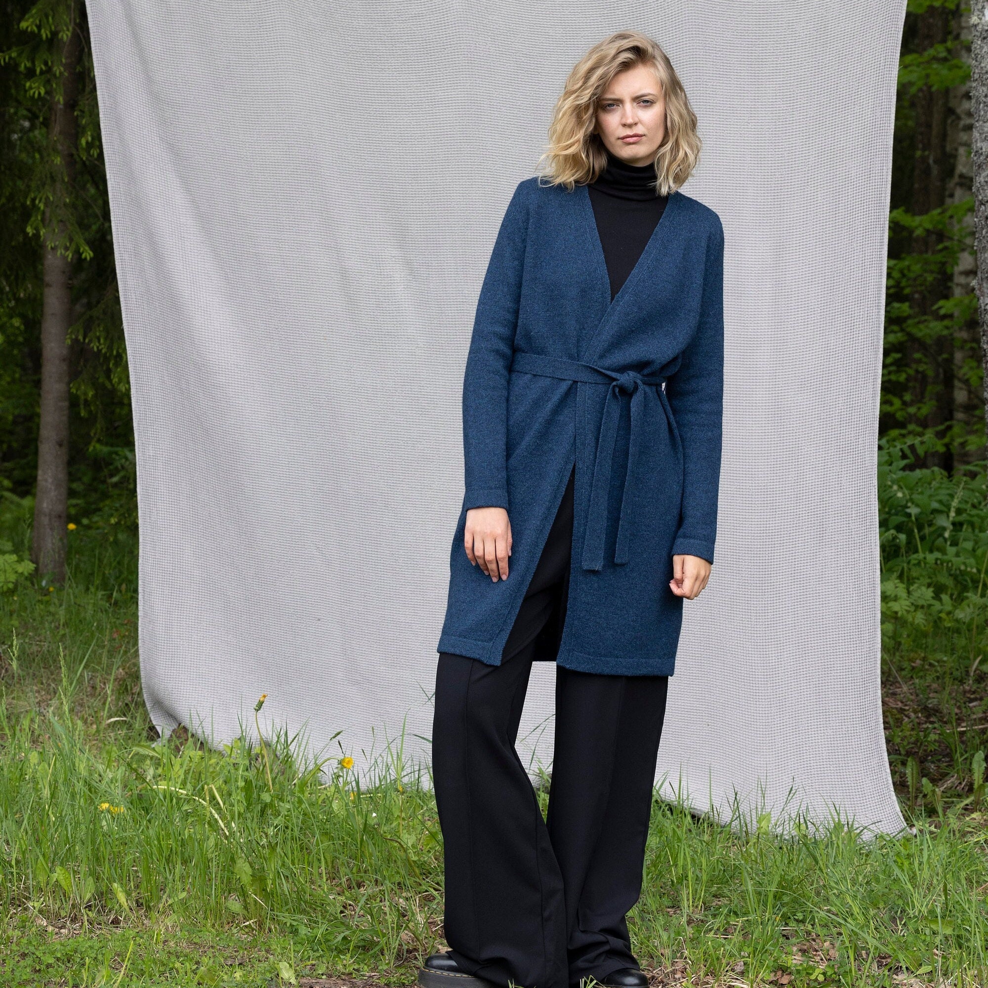 トップス Tied Long Wrap Wool Cardigan Sweater M Wool Knit Wrap Cardigan, Longline Belted V-neck - Etsy