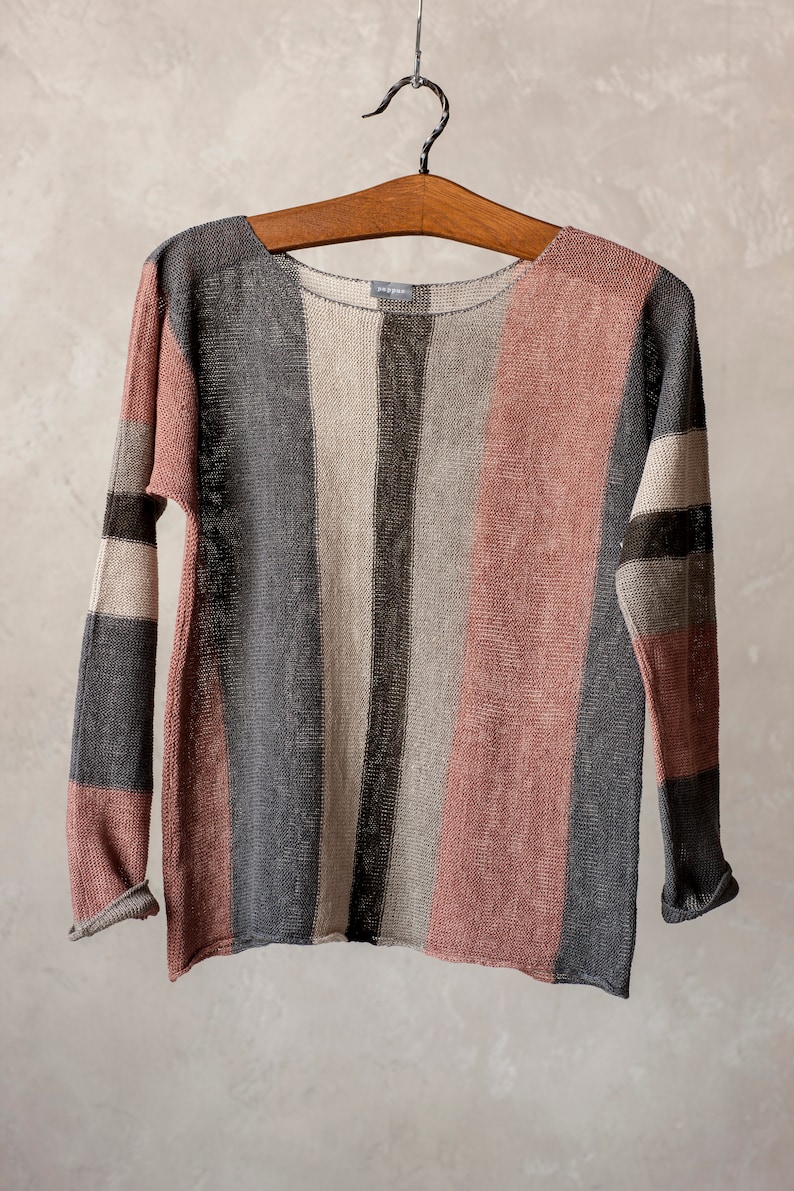Knitted LINEN sweater, Kimono sleeve linen jumper, Striped crew neck summer top, Long sleeve linen shirt, Organic women's clothing image 1