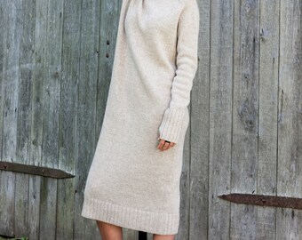 Robe longue en laine en tricot robe pull a col roule tunique longue en laine gris fonce pull en tricot naturel robe a col roule pull d hiver bio Etsy France