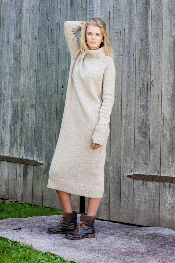 Knit Long WOOL DRESS, Roll Neck Jumper Dress, Natural White Wool Longline  Tunic, Knit Jumper Dress, Turtleneck Dress,organic Winter Pullover -   Canada