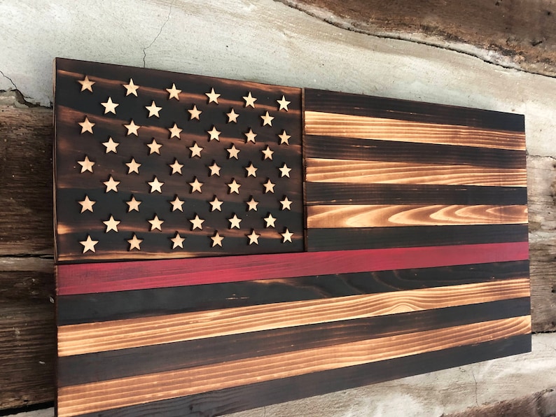 Thin Red Line Wooden Flag, Firefighter Flag, Thin Red Line, Firefighter, Charred, Burnt, Wooden Flag, United States Flag, US Flag, Red Line image 1