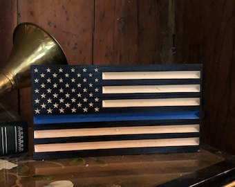 Handmade Thin Blue Line Wooden Flag: Police Officer Gift (4x7.5)