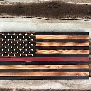 Thin Red Line Wooden Flag, Firefighter Flag, Thin Red Line, Firefighter, Charred, Burnt, Wooden Flag, United States Flag, US Flag, Red Line image 2