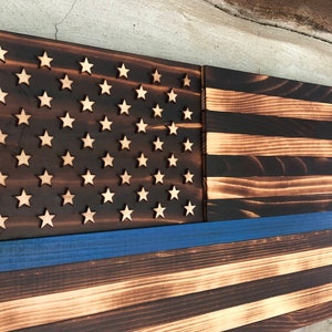 Dunne blauwe lijn houten vlag, politie, dunne blauwe lijn, blauw, verkoold, verbrand, houten vlag Vlag van de Verenigde Staten, Amerikaanse vlag Amerikaanse politie, pensioencadeau