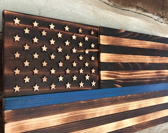 Handmade Charred Wooden Thin Blue Line Flag: Police Retirement Gift