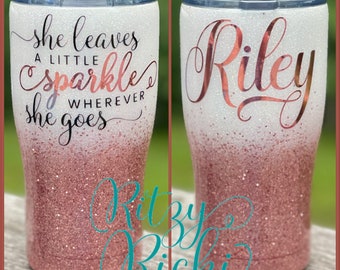 Custom Two-Color (White & Rose Gold) Ombre Transition Glitter Tumbler wine/curved/skinny travel tumbler w/lid and straw